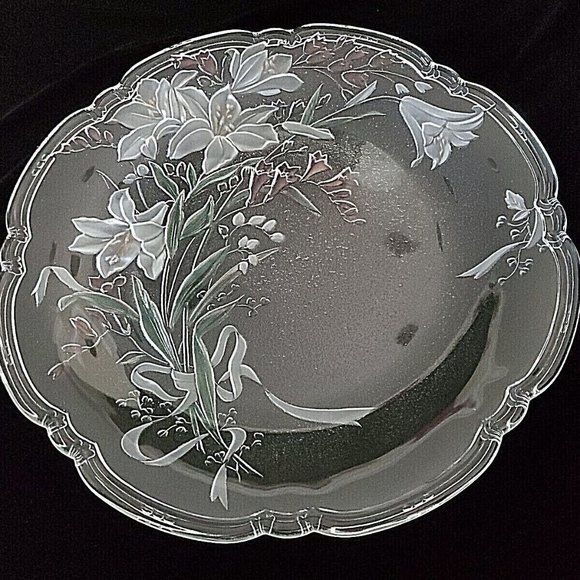 Elegant Clear Glass Large 14 1/2" Platter Serving Plate Etched Colored Flowers - Picture 2 of 4